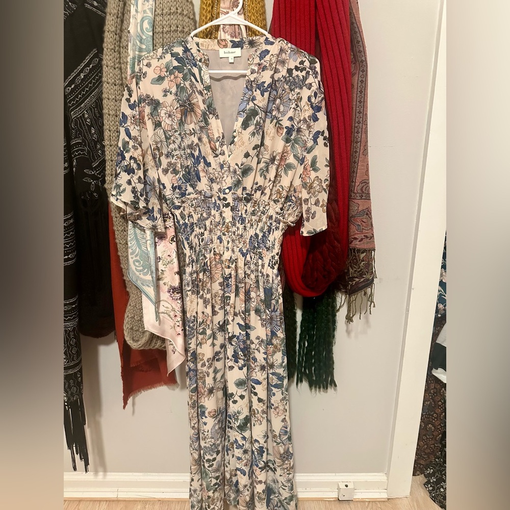 Bohme Floral V-Neck Smocked Waist Maxi Dress - Cream/Blue